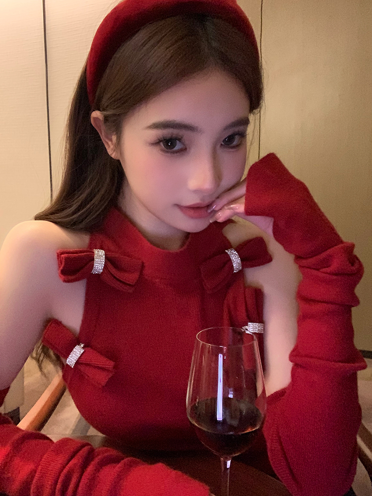 實拍 酥系/純欲天菜辣妹高領蝴蝶結針織衫可卸袖套女修身內搭