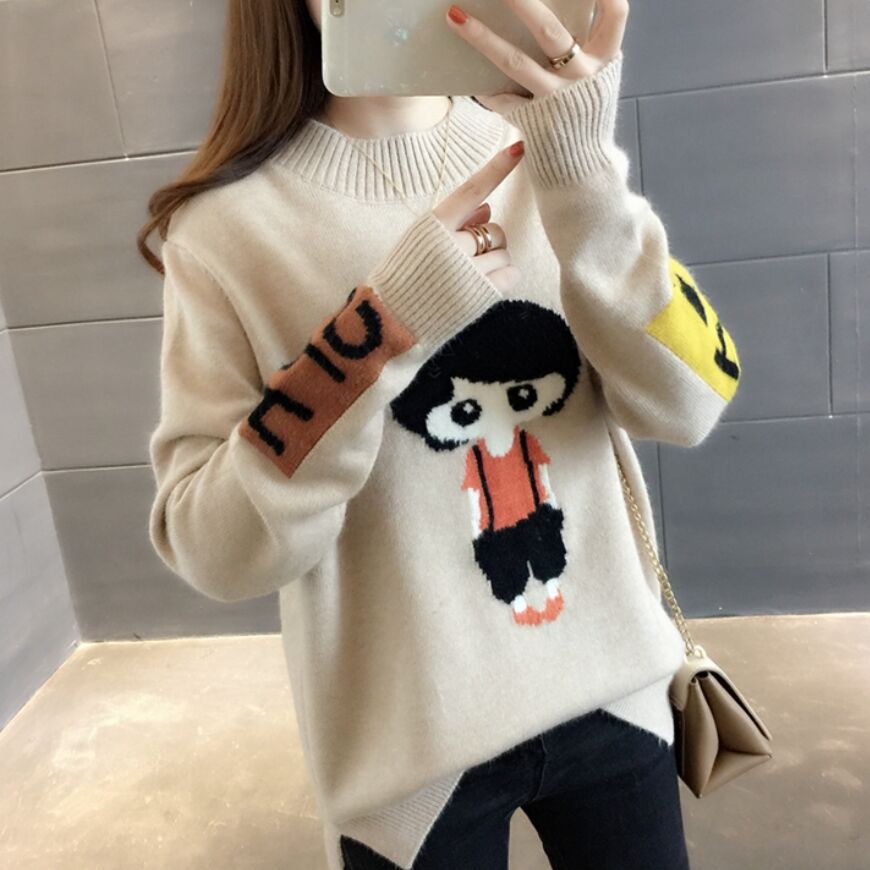 毛衣打底毛衣女寬鬆秋冬女裝新款韓版百搭時尚卡通套頭針織衫
