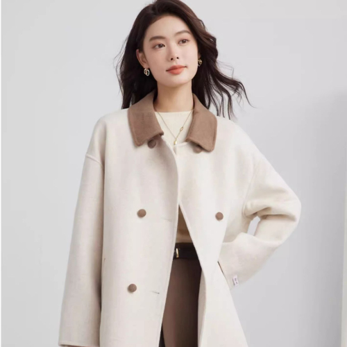 韩系小众设计感撞色气质女神范大衣女秋冬新款撞色赫本风毛呢外套
