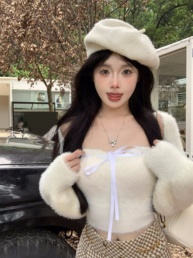 實拍 甜美泡泡 毛絨絨毛衣套裝甜辣綁帶背心+開衫兩件套