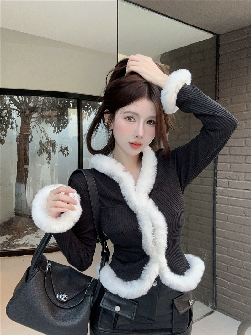 實拍~設計感小眾毛邊拼接百搭T恤女修身顯瘦長袖辣妹上衣女