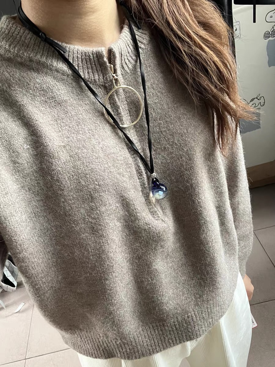 小個子港味復古設計感拉鏈打底毛衣女秋冬外穿寬鬆套頭針織衫上衣