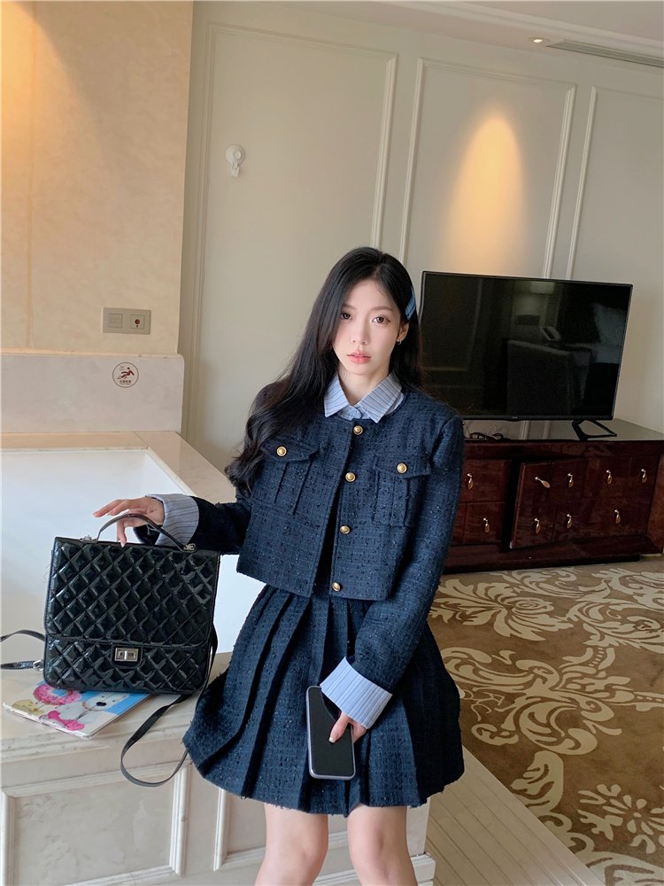實拍~假兩件重工小香風套裝氣質連衣裙夾棉外套女
