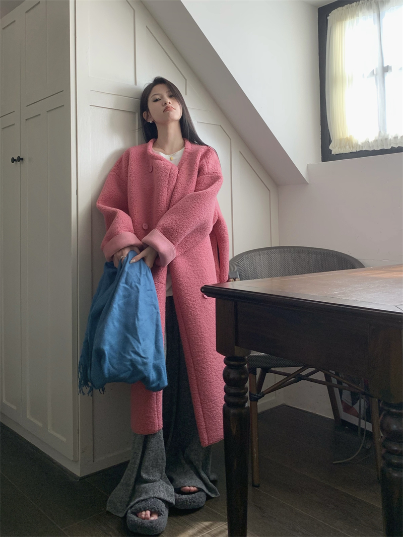 實拍  冬季羊羔毛外套女中長款寬鬆羊羔絨保暖休閒加厚棉服