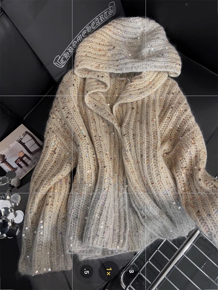 漸變色連帽毛衣女法式亮片設計感秋冬新款氣質百搭慵懶風針織開衫