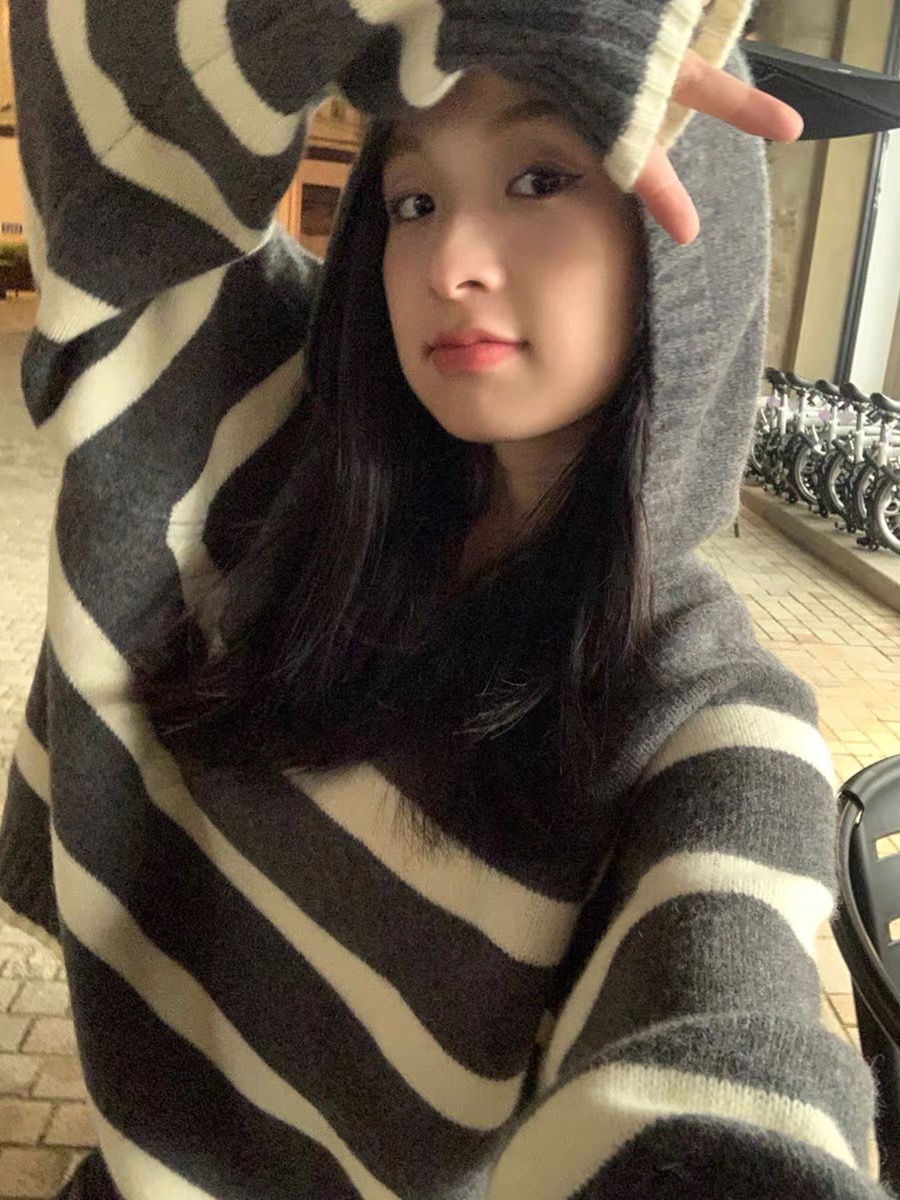 三木社寬鬆韓系連帽條紋羊毛針織衫套頭毛衣女秋冬內搭線衣學院風