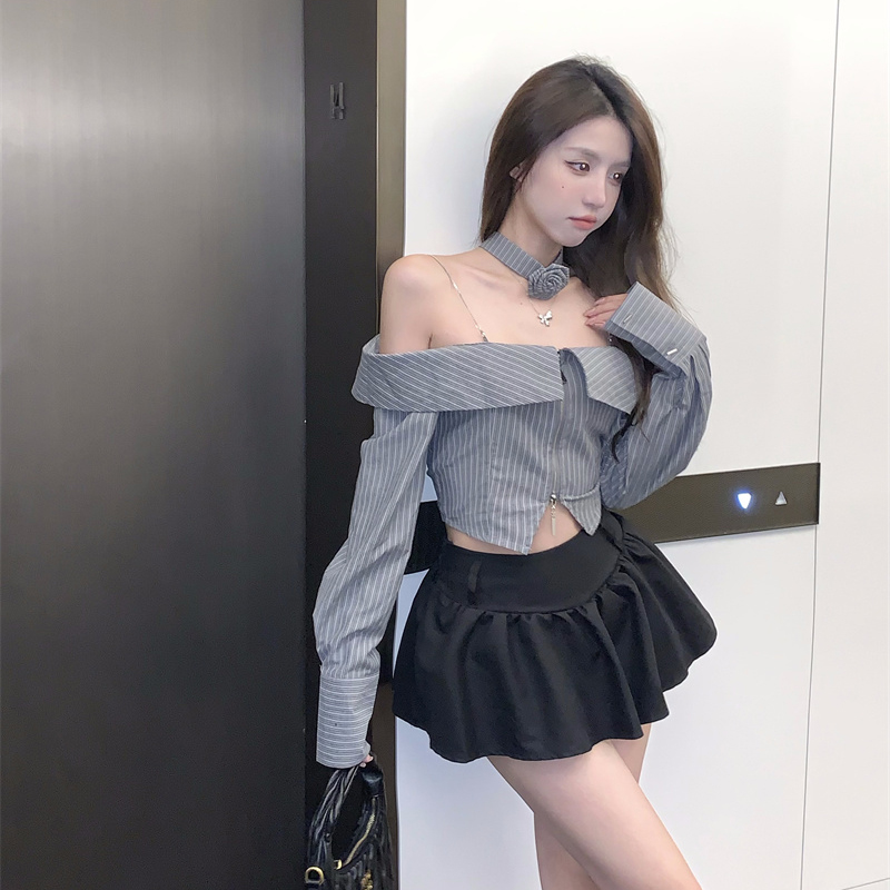 法式氣質條紋一字肩長袖襯衫女2023年春秋季辣妹短款修身露臍上衣