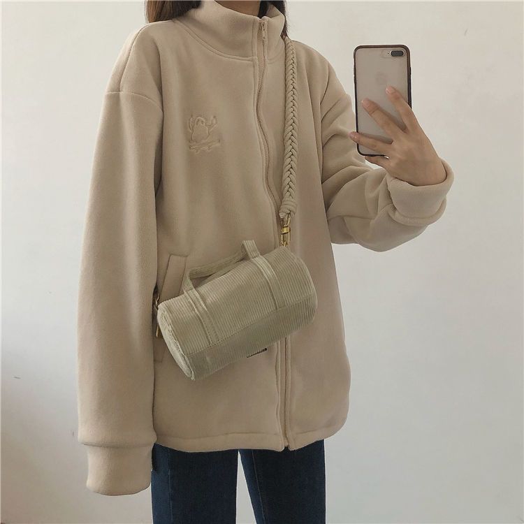 小火爐搖粒絨外套女加厚刺繡高領拉鏈衛衣開衫立領保暖絨衫