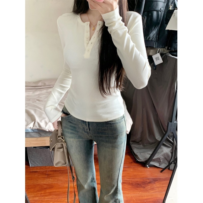 kumikumi純色簡約長袖T恤女2023秋季新款百搭打底衫修身顯瘦上衣
