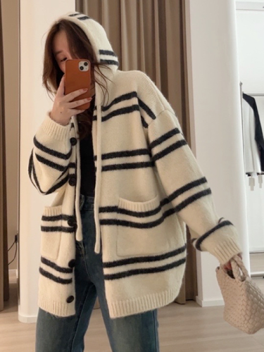 Hooded Striped Brown Knitted Cardigan Women's Autumn and Winter Korean Style Loose Lazy Style Large Size Soft Waxy Sweater Jacket Top