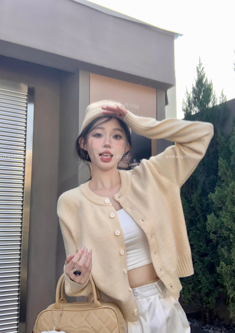 實拍 趙露思穿搭套裝兩色針織開衫軟糯感圓領毛衣短外套