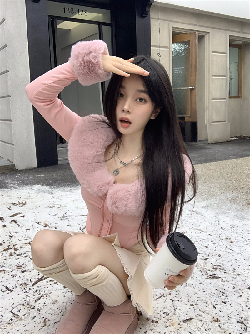 Actual shot of divine girl rabbit fur collar short knitted cardigan slim fit pure lust top autumn and winter