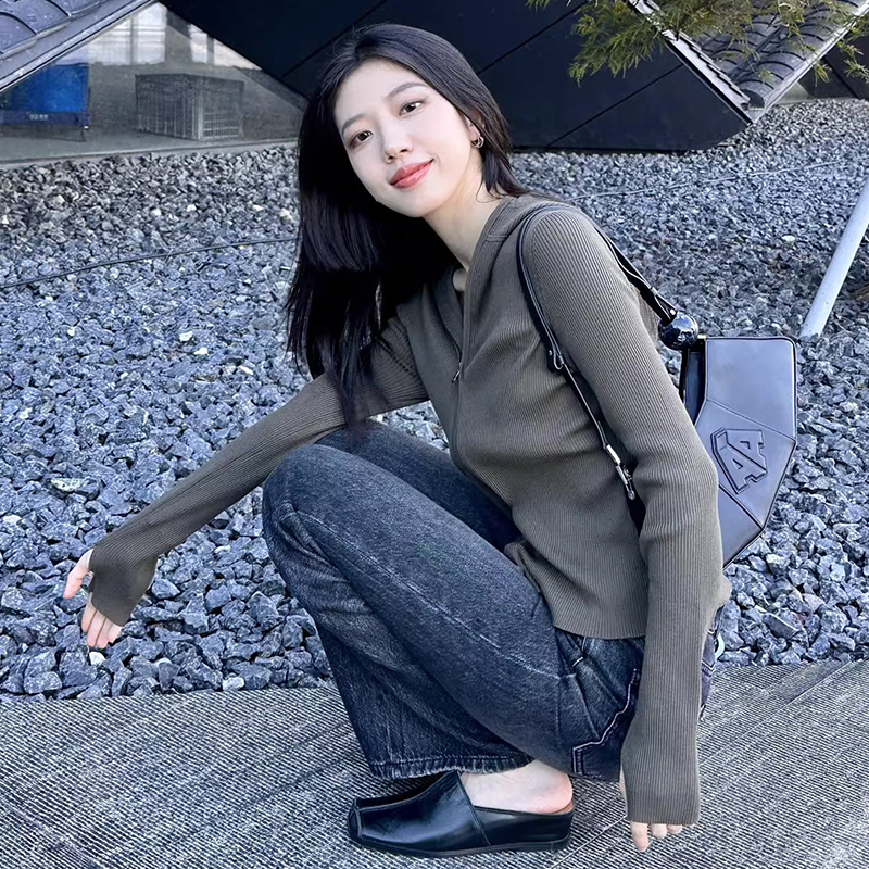 雙拉鏈針織開衫毛衣外套秋季2023新款女裝高級感獨特别致長袖上衣