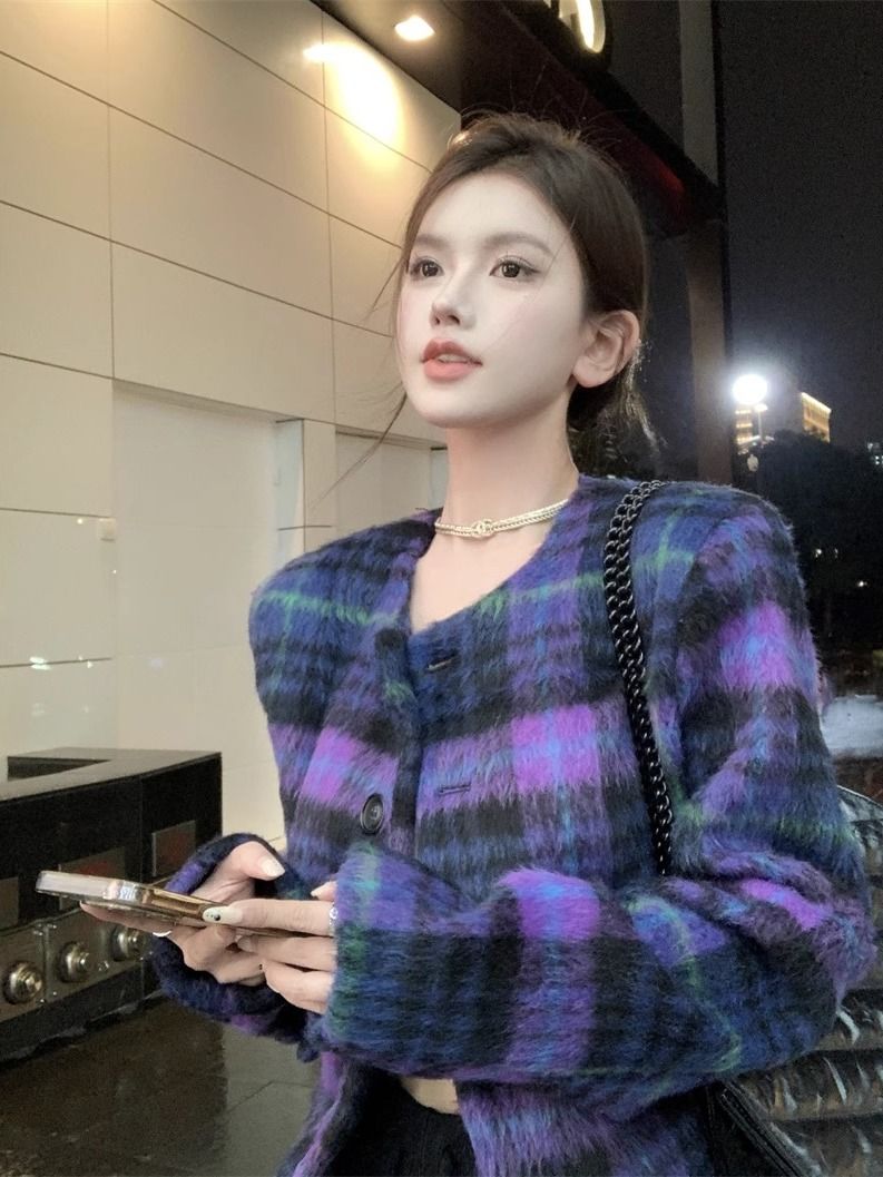 格紋短款毛呢外套女裝冬季2023新款法式復古紫色呢子寬鬆長袖上衣