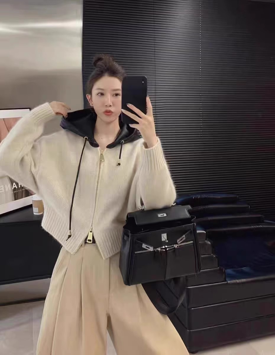 雙拉鏈連帽系帶純色2023秋冬新款時尚高級氣質保暖全毛針織女開衫