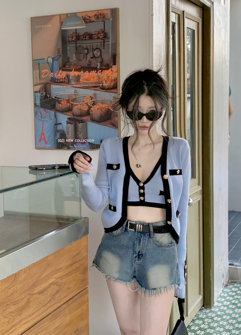 實拍 jes/sica同款小香風撞色羊毛針織開衫吊帶三件套裝裙女