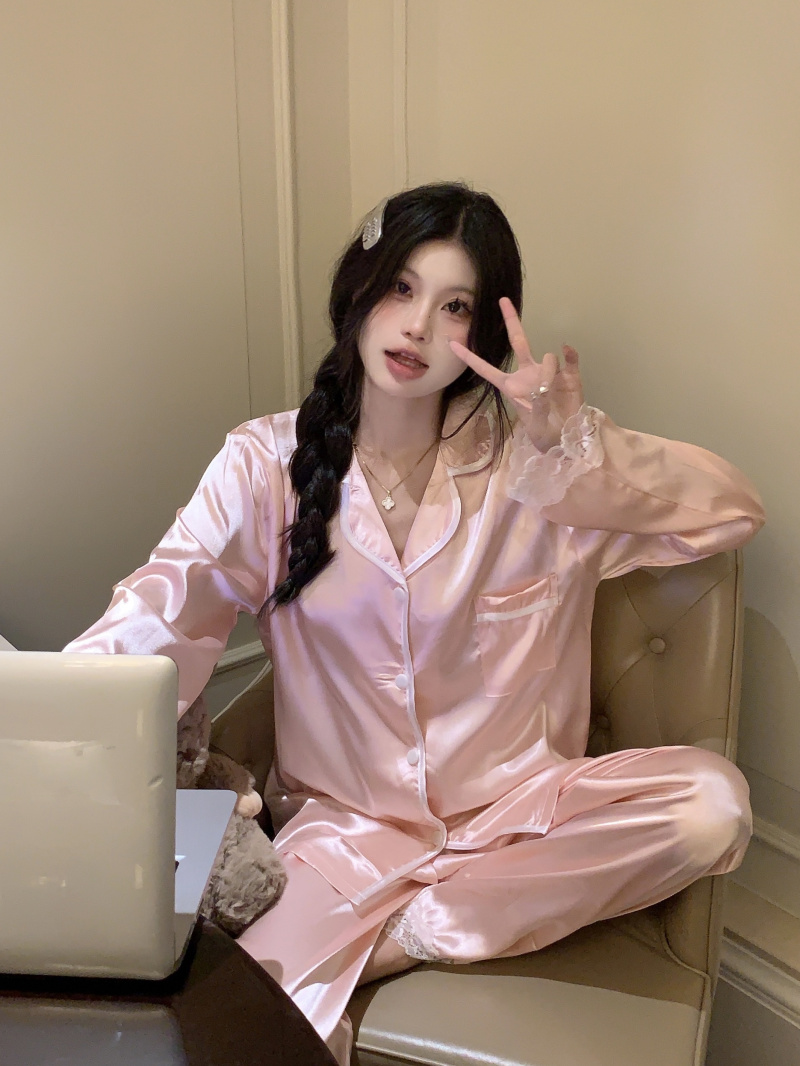 實拍 睡衣女長袖高級感蕾絲邊絲綢家居服套裝