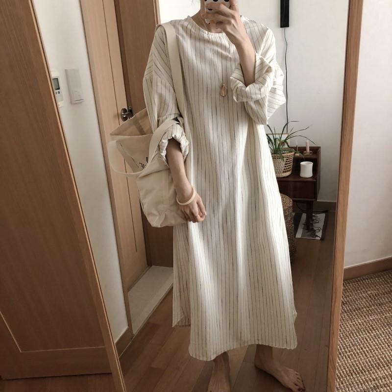 韓國ins秋季新款清爽極簡豎條紋連衣裙氣質中長款連衣裙女