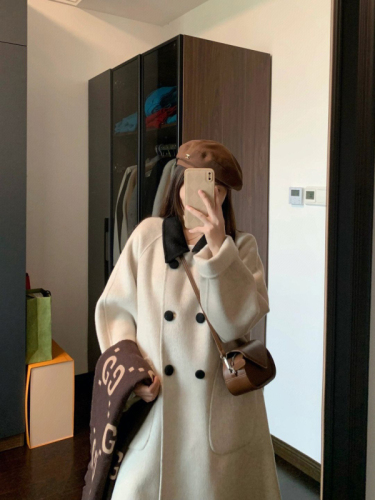 Retro college contrasting color mid-length woolen coat for women small Korean style loose slimming versatile woolen coat for women