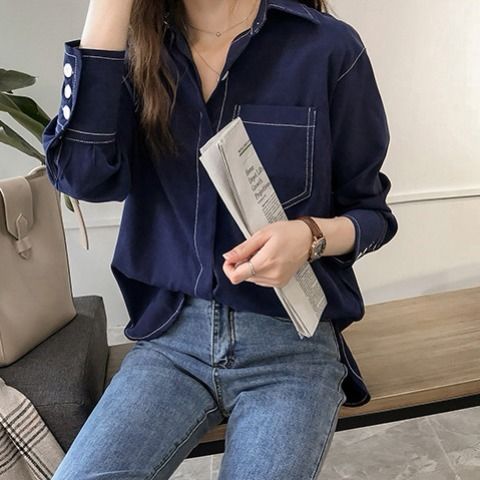 大碼女裝新款寬鬆慵懶襯衫女長袖復古港味風上衣純色襯衣打底衫潮