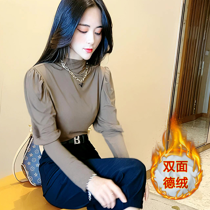 官圖德絨半高領保暖打底衫女長袖秋冬內搭泡泡袖氣質T恤上衣