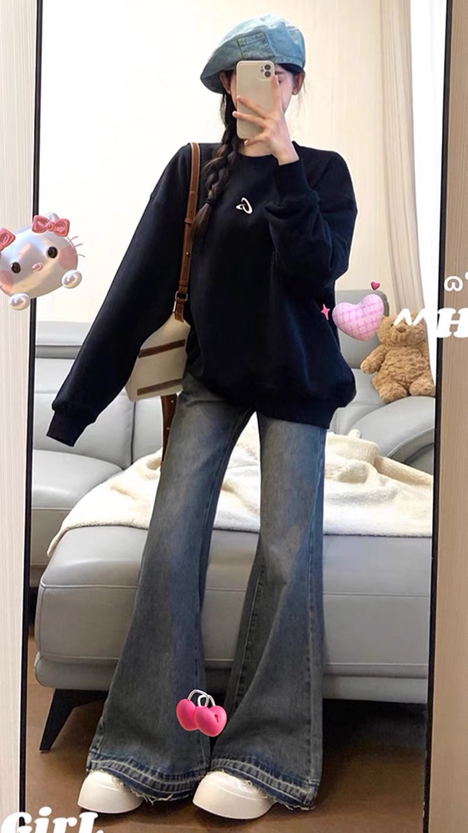 美式復古低腰微喇叭牛仔褲女秋冬新款設計感小眾顯瘦闊腿拖地褲子
