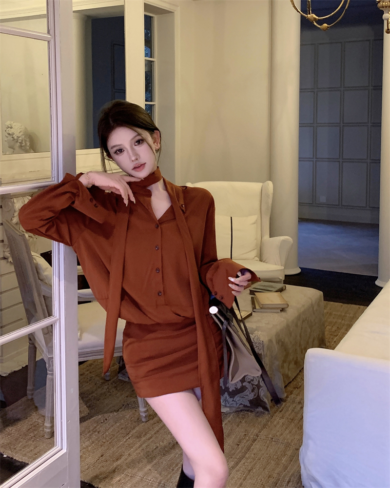 實拍 一眼出挑 血色磚紅美女襯衣連衣裙打底連衣裙