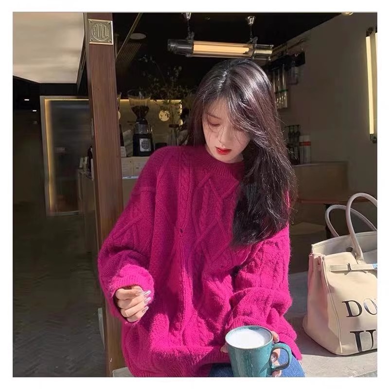 2023秋冬外穿套頭寬鬆慵懶洋氣火龍果色毛衣女復古港味破洞針織衫