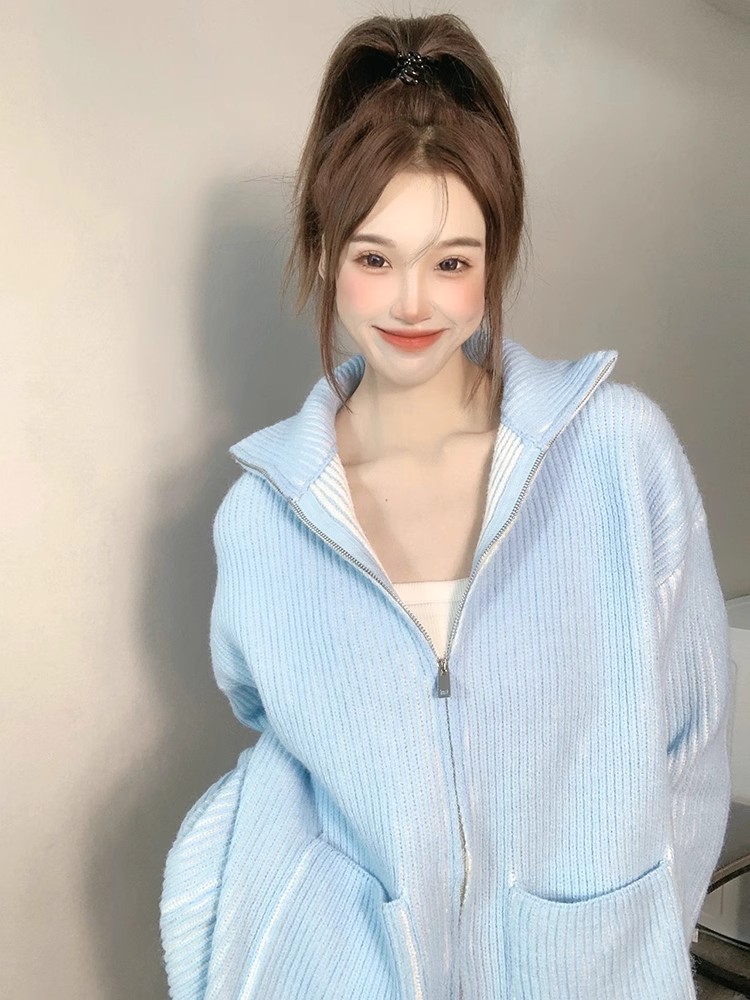 拉鏈立領毛衣女2023新款秋冬慵懶風復古寬鬆百搭長袖針織開衫外套