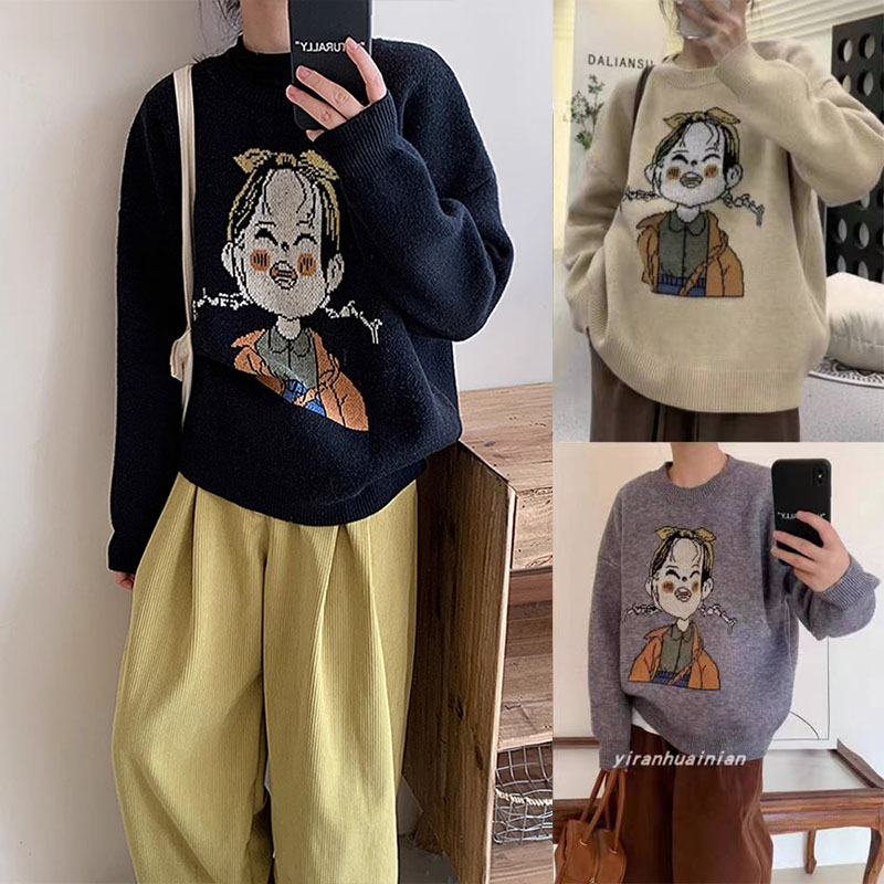 卡通毛衣套頭女秋冬季設計感小眾初秋長袖上衣寬鬆慵懶風軟糯針織