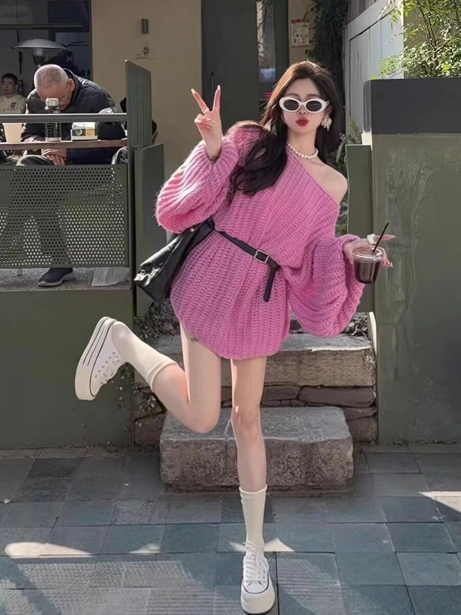 文文***2023秋冬慵懶風軟糯中長款腰帶氛圍感超好看寬鬆毛衣