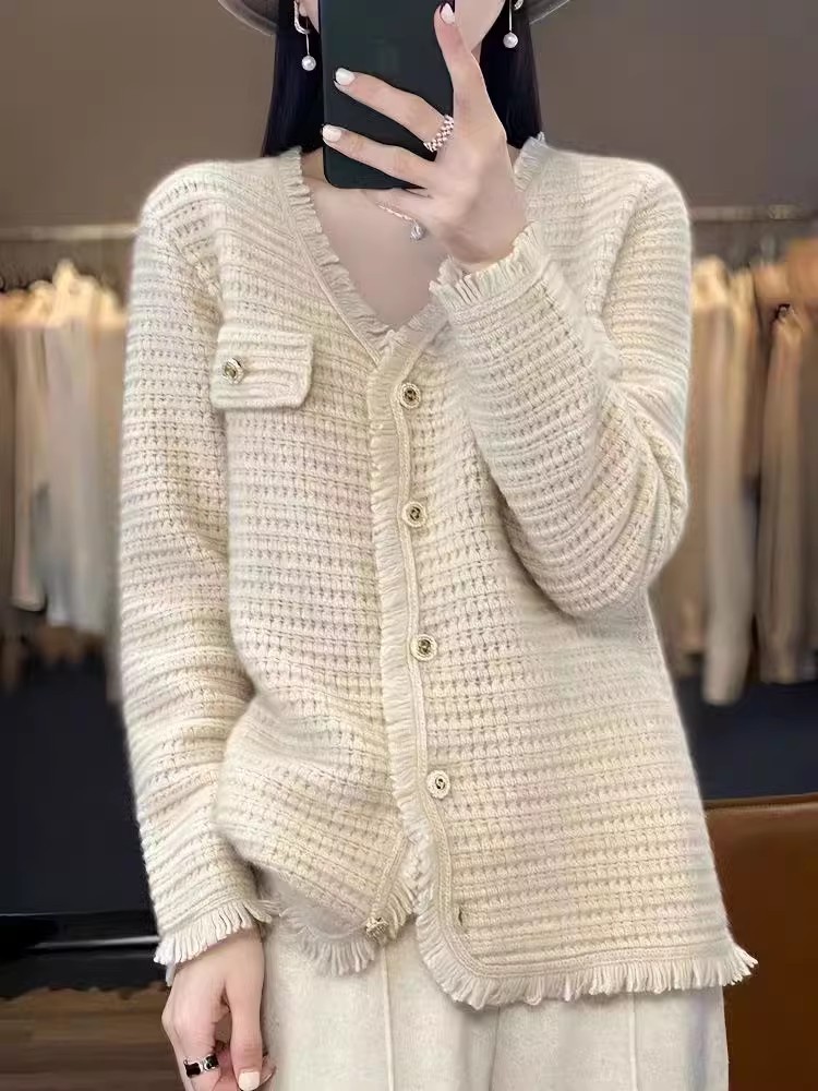 韓版流蘇華夫格外套女秋冬毛衣開衫外搭V領時尚設計感氣質上衣潮
