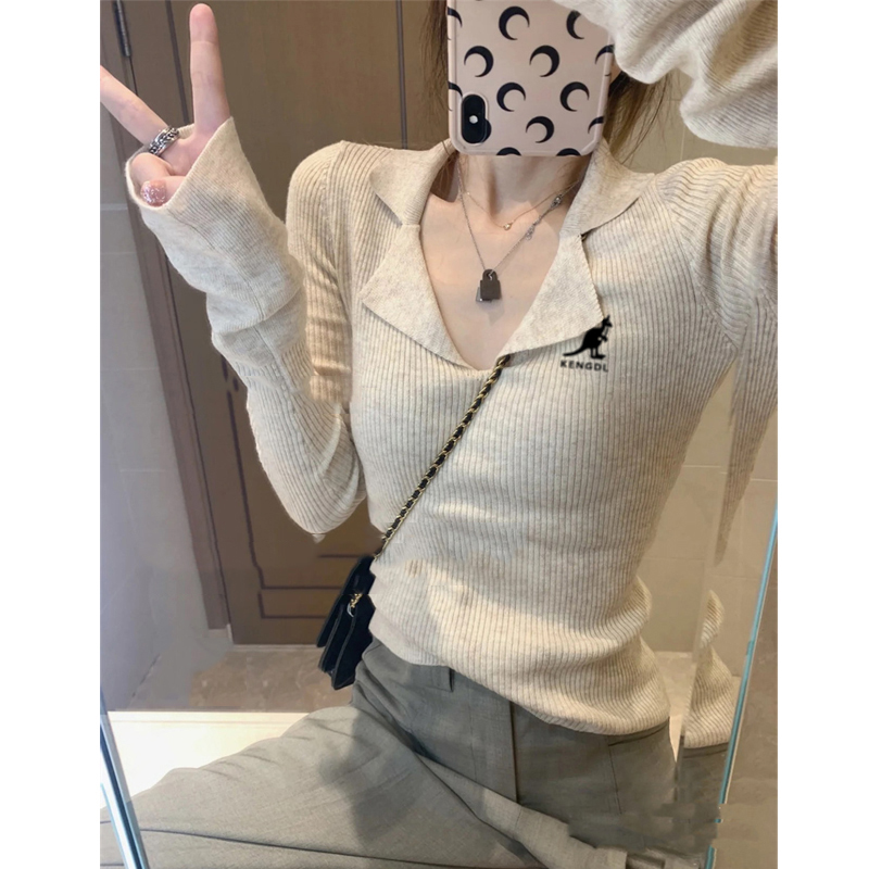 純色刺繡時尚針織衫女秋季2023年新款辣妹風ins潮內搭打底衫上衣