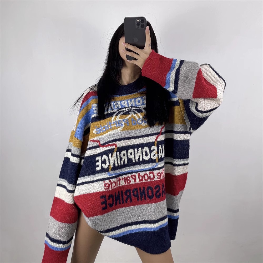 美式復古撞色條紋毛衣男女2023秋冬新款圓領慵懶風oversize針織衫