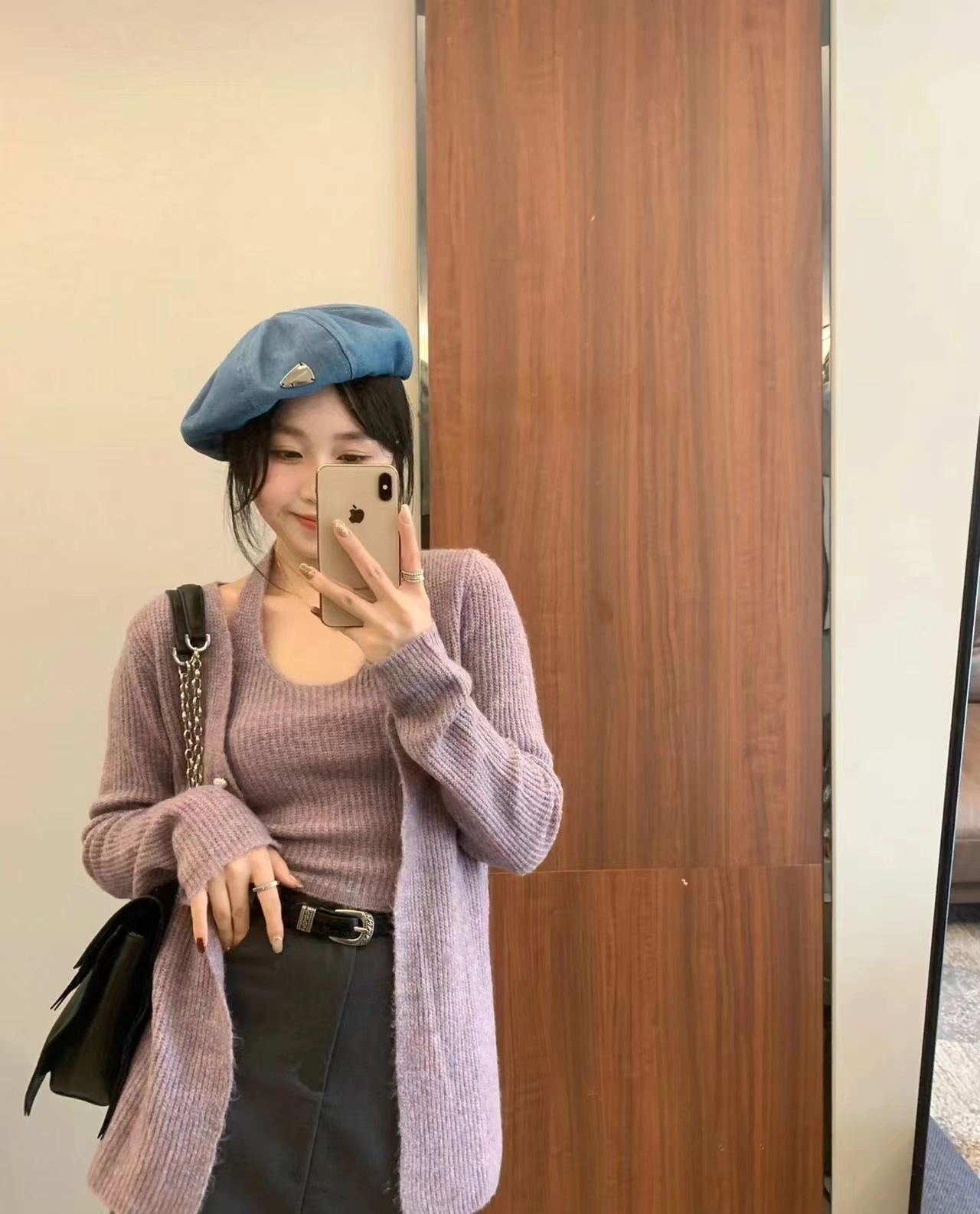 掛脖吊帶背心女秋季新款溫柔風修身內搭外穿紫色針織開衫兩件套裝