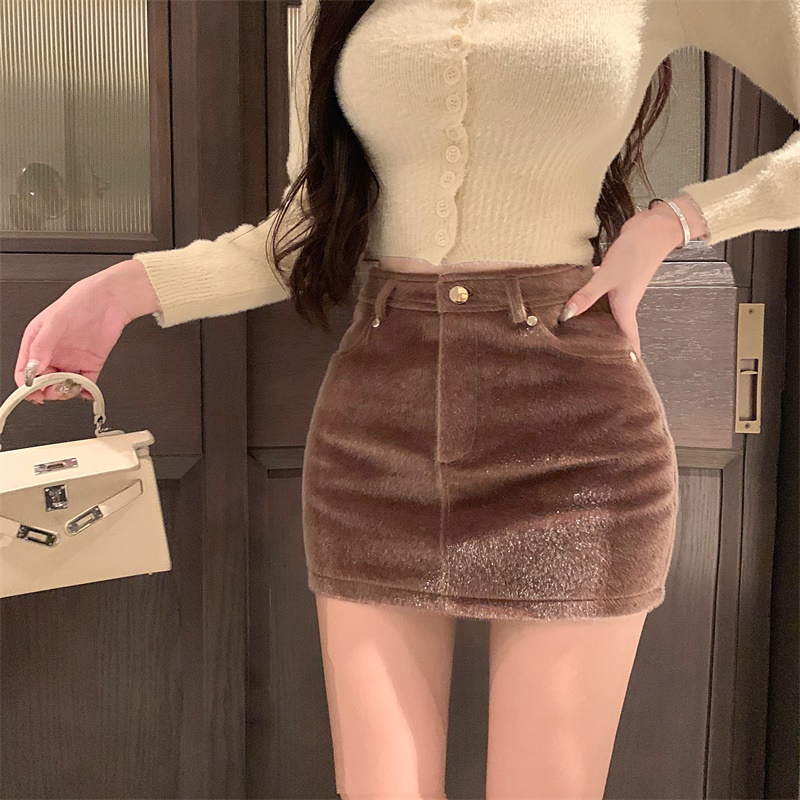 實拍  毛絨半身裙女秋冬2023新款高腰性感辣妹包臀裙