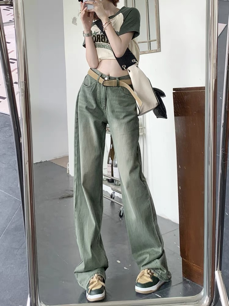美式高街直筒牛仔褲女春秋2023復古高腰小眾設計感綠色拖地長褲子