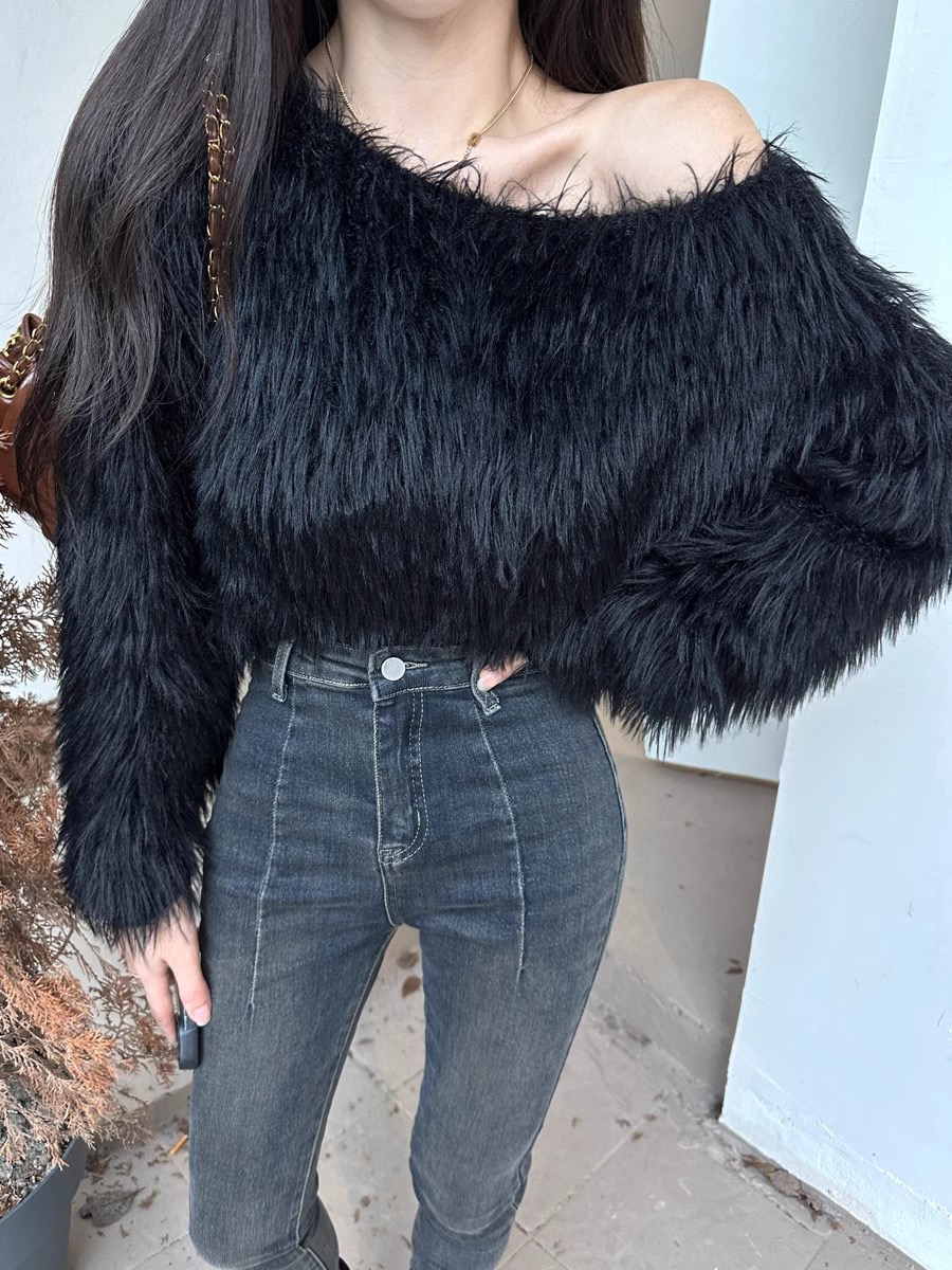 韓系新款修身百搭高腰毛衣女短款時尚輕奢名媛長袖露肩毛毛上衣