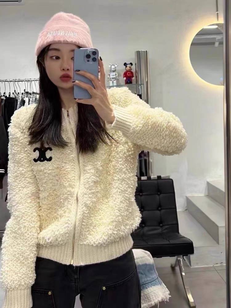凱旋門刺繡圈圈長袖針織毛衣外套女溫柔慵懶風拉鏈開衫上衣