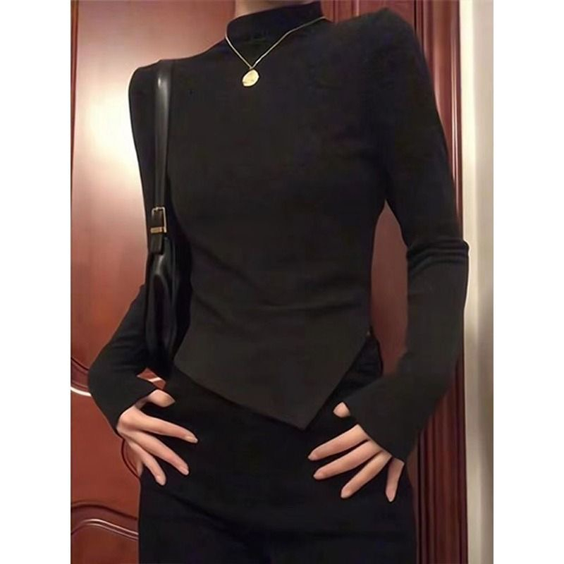 不規則半高領德絨打底衫女秋冬內搭短款上衣辣妹加厚保暖顯瘦T恤