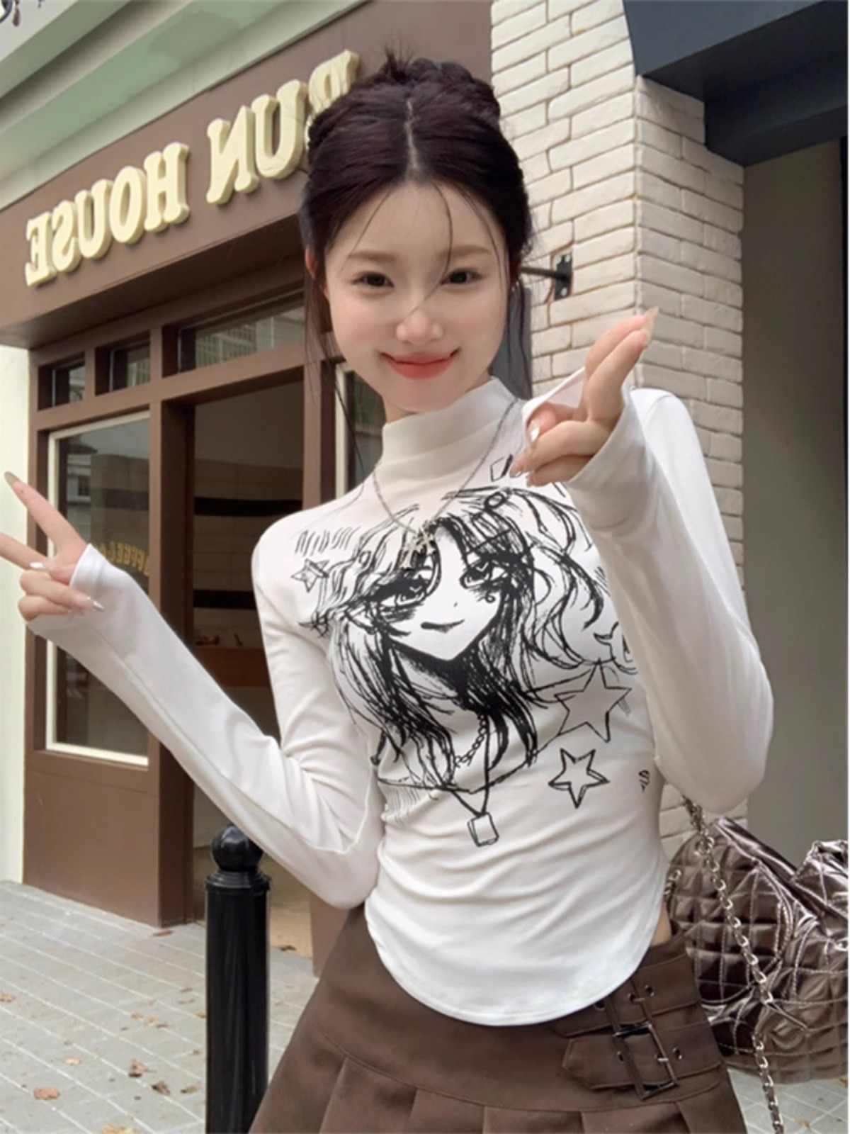 半高領長袖T恤女秋季韓版2023新款卡通印花修身上衣