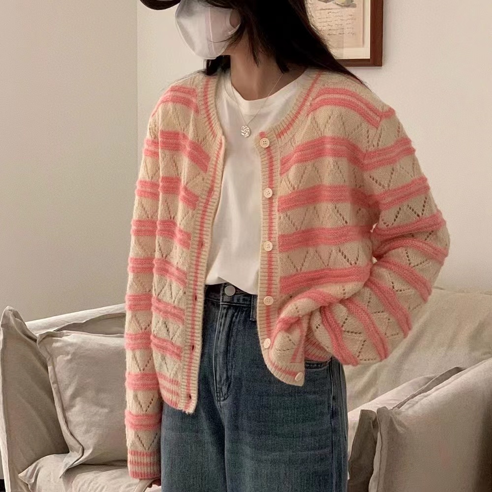 圓領條紋針織開衫女春日系甜美短款鏤空鈎花毛衣外套寬鬆溫柔上衣