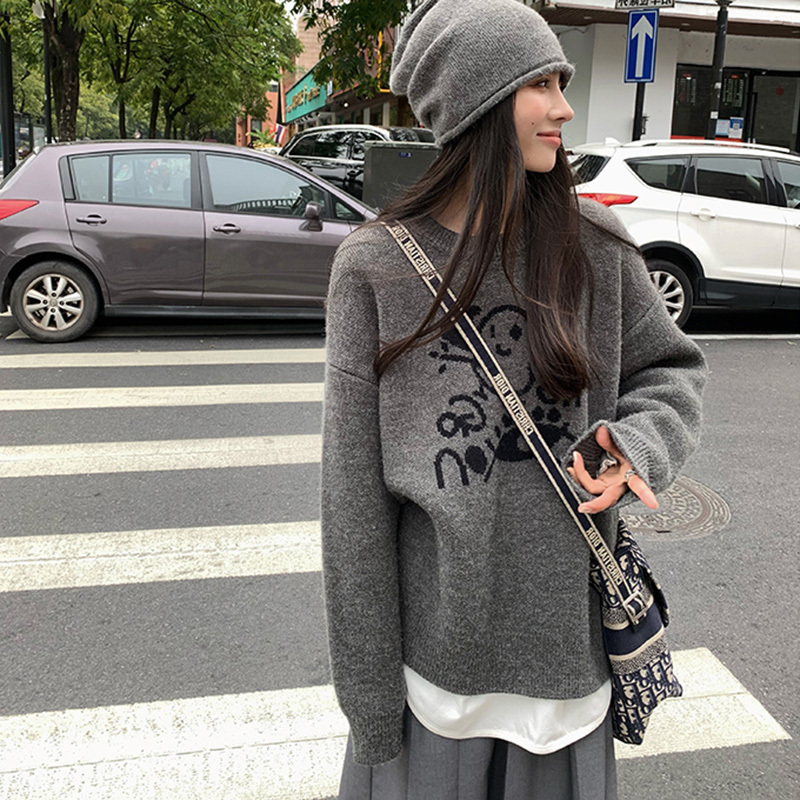 寬鬆慵懶風毛衣女2023秋冬新款韓版套頭針織衫可愛塗鴉長袖上衣女