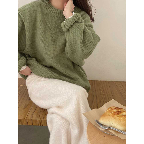 Green round neck pullover sweater for women  new autumn oversize Japanese style lazy retro high-end coat