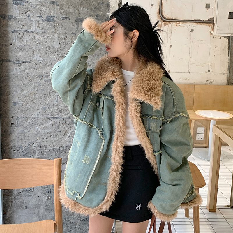 實拍！美式牛仔毛毛外套秋冬季新款加厚加絨復古高級設計棉服