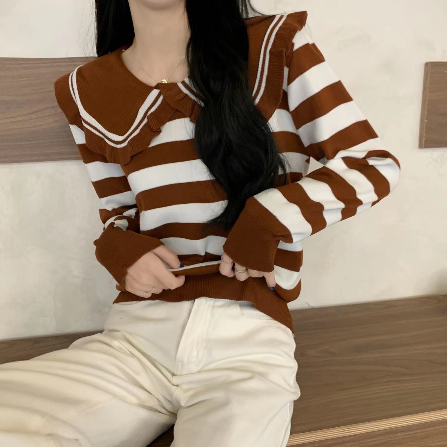 2023秋冬最新款娃娃荷葉領條紋針織衫上衣韓日甜美少女減齡顯瘦風