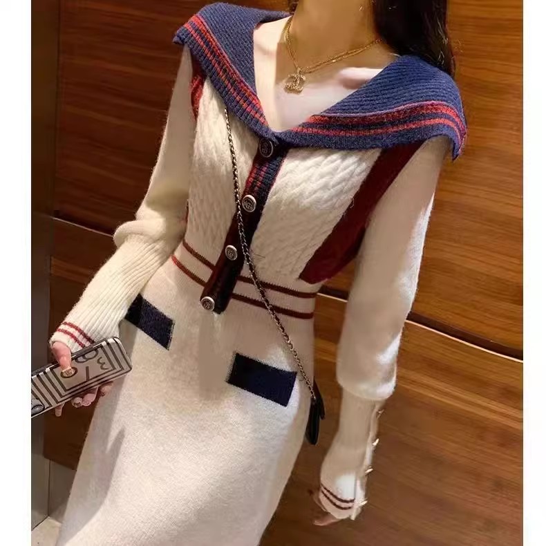 小香風針織連衣裙女2023新款秋裝收腰顯瘦設計感小眾法式白色