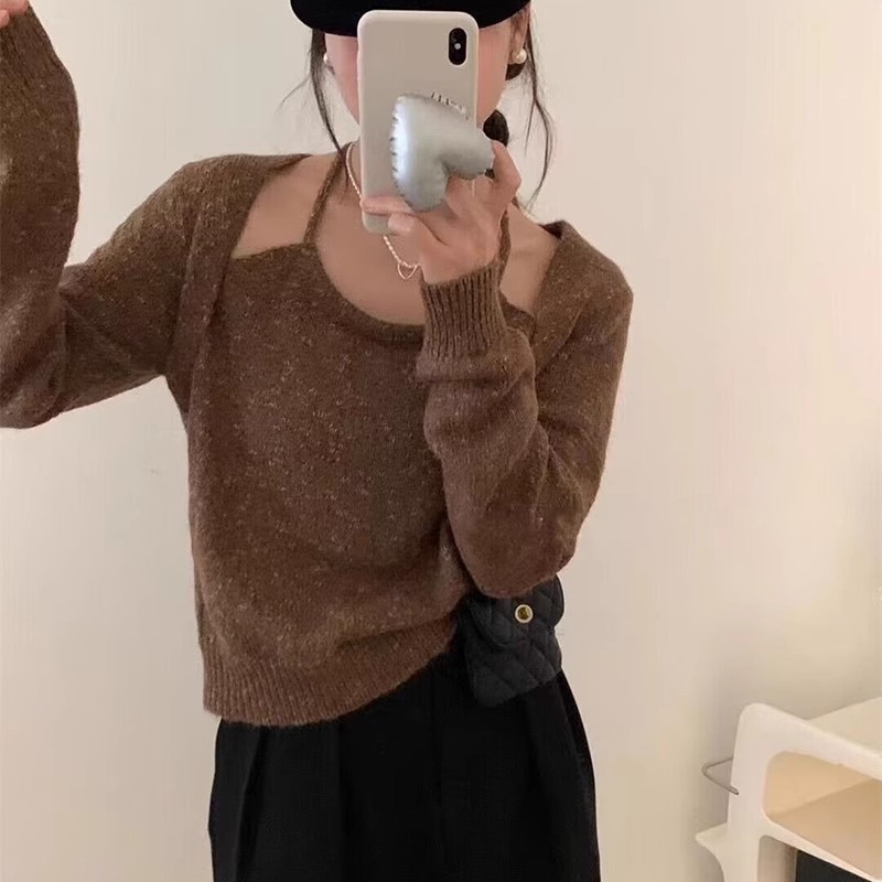2023秋裝新款韓系假兩件針織衫女掛脖設計雜線文藝薄款別致毛衣女