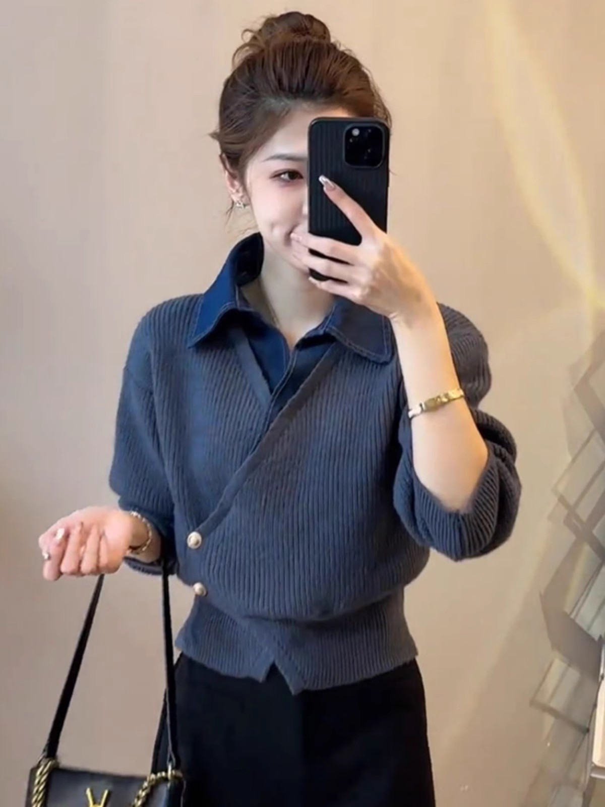 設計感小眾輕熟法式毛上衣女秋冬洋氣減齡假兩件牛仔針織外套