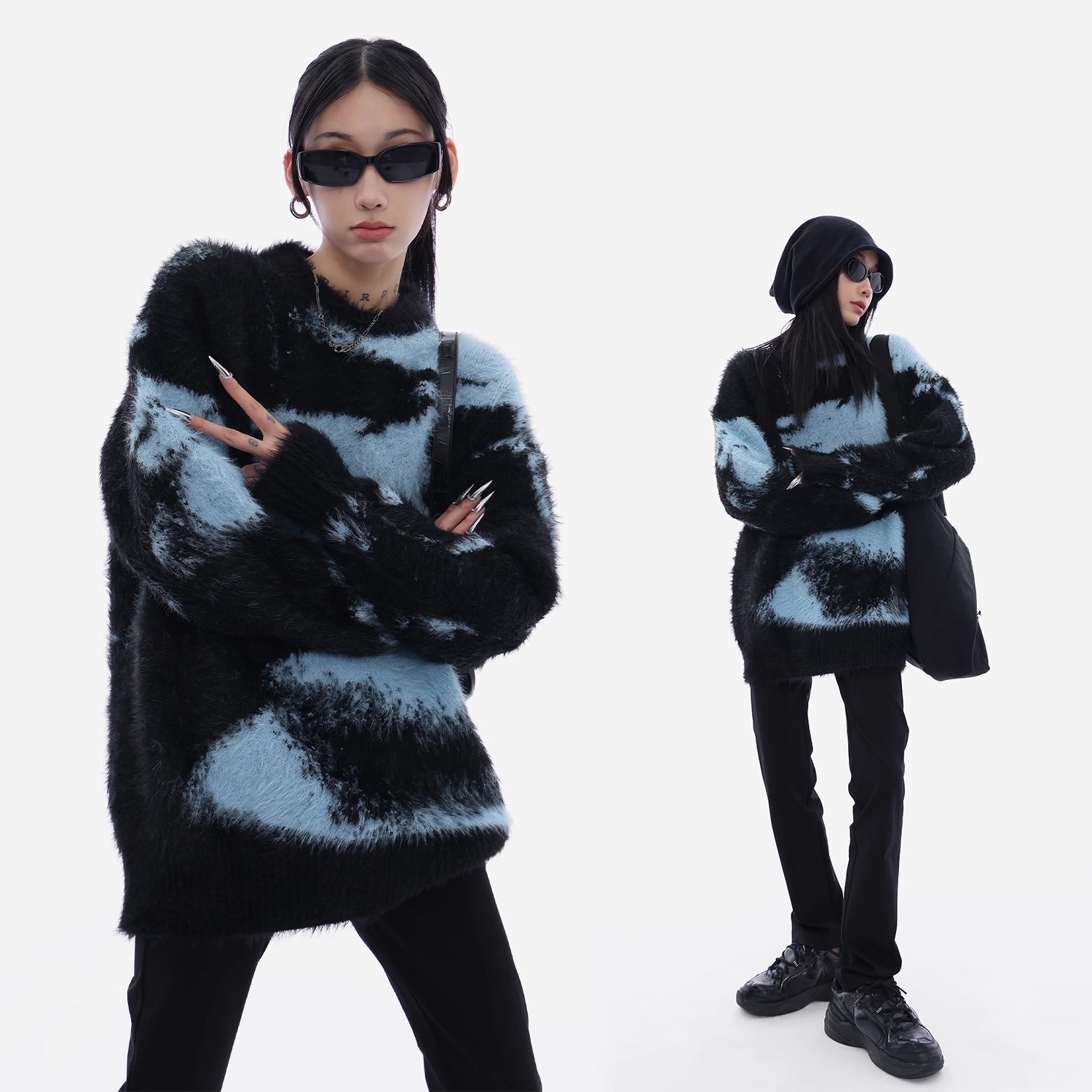 Acestudios 扎染毛絨絨加厚圓領毛衣女2023秋冬仿貂毛寬鬆毛衫潮